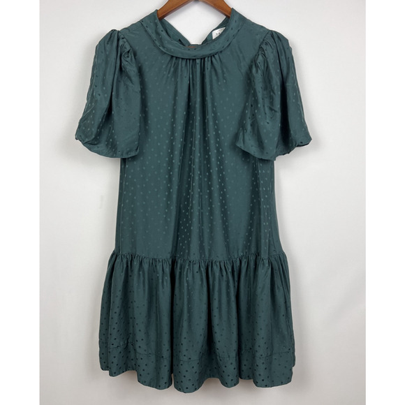 Tanya Taylor Green Swiss Dot Tiered Mini Dress Flutter Sleeves Pockets Size M - Picture 2 of 10